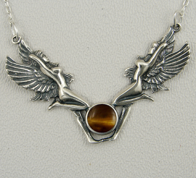 Sterling Silver Double Fairies Necklace With Tiger Eye